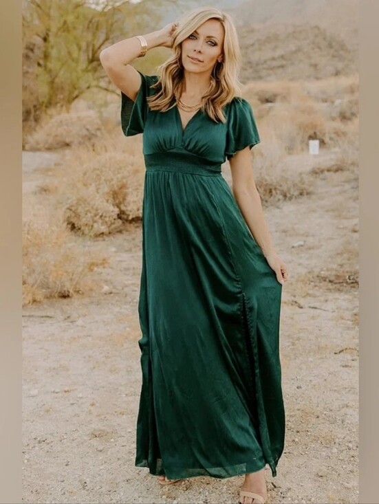 Baltic Born Dresses & Skirts - Baltic Born Prague Satin Smocked Empire Waist Maxi Dress Dark Green M